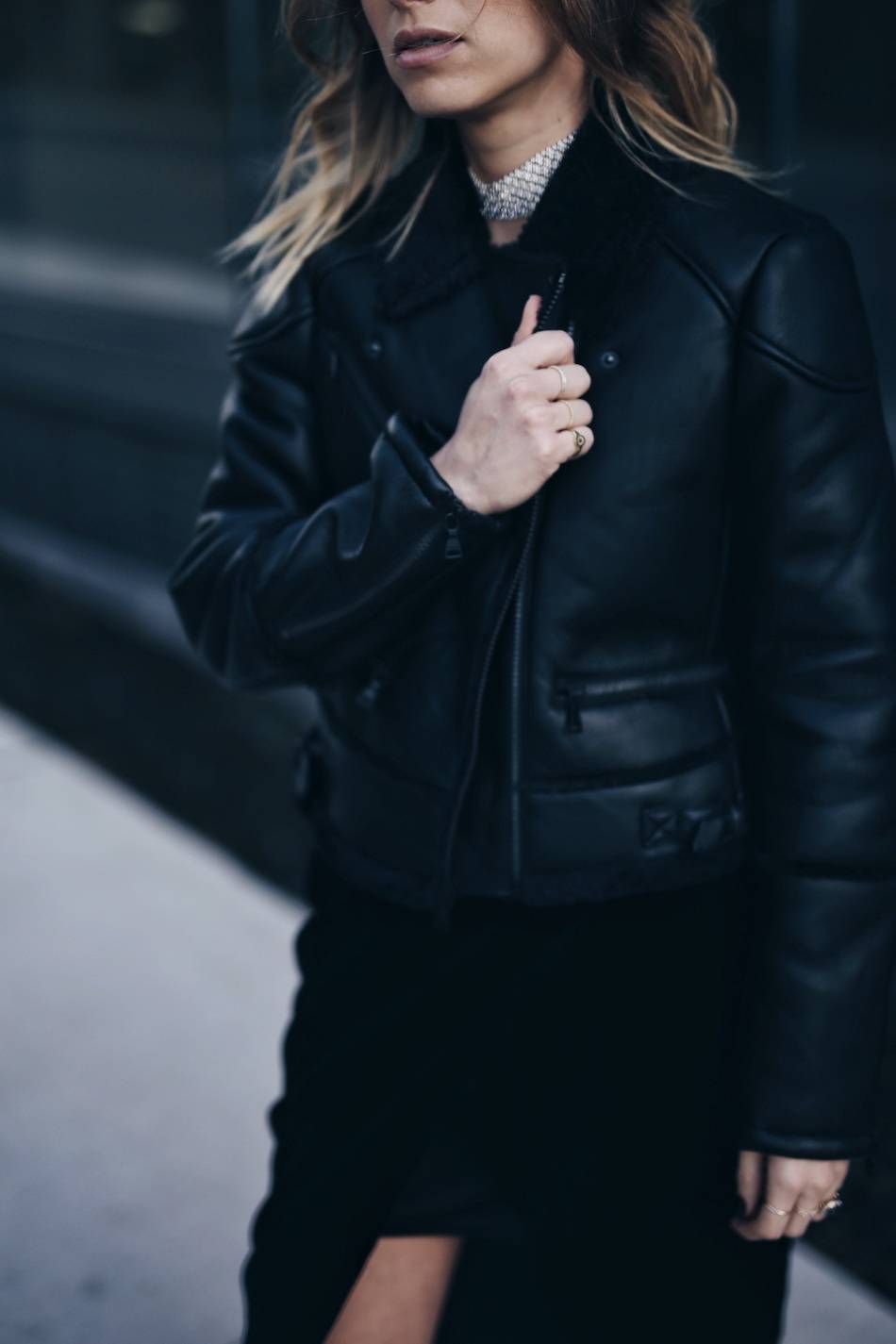 what-to-wear-to-a-holiday-party-velvet-dress-shearling-moto-jacket