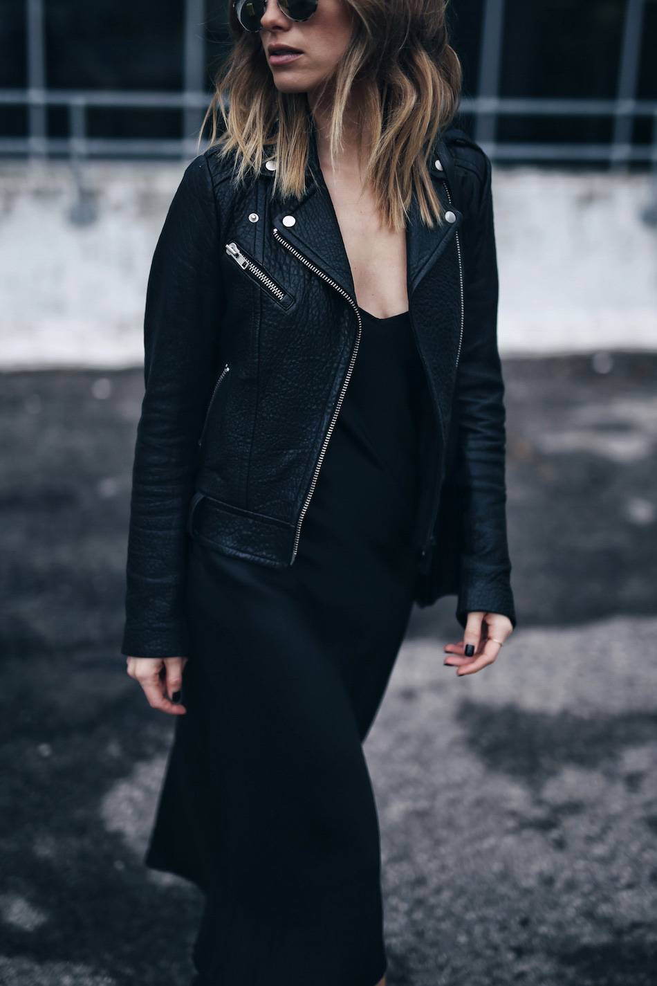 Slip dress sale and leather jacket