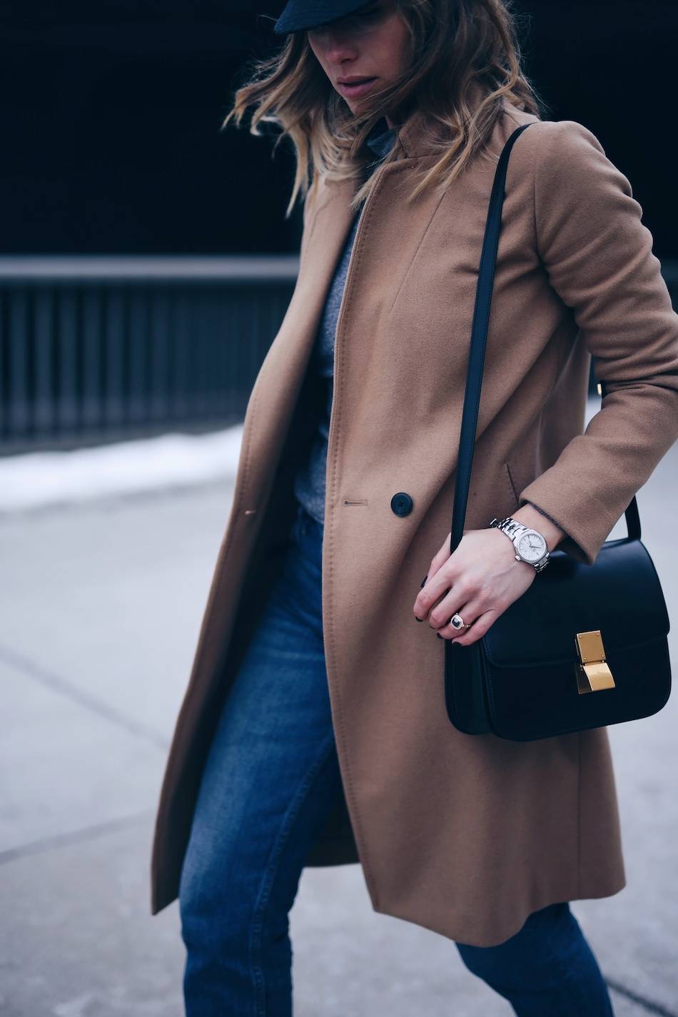 Style and beauty blogger Jill Lansky of The August Diaries Isabel marant Eva newsboy cap, camel coat, Parisian style, tag heuer watch, Celine box bag