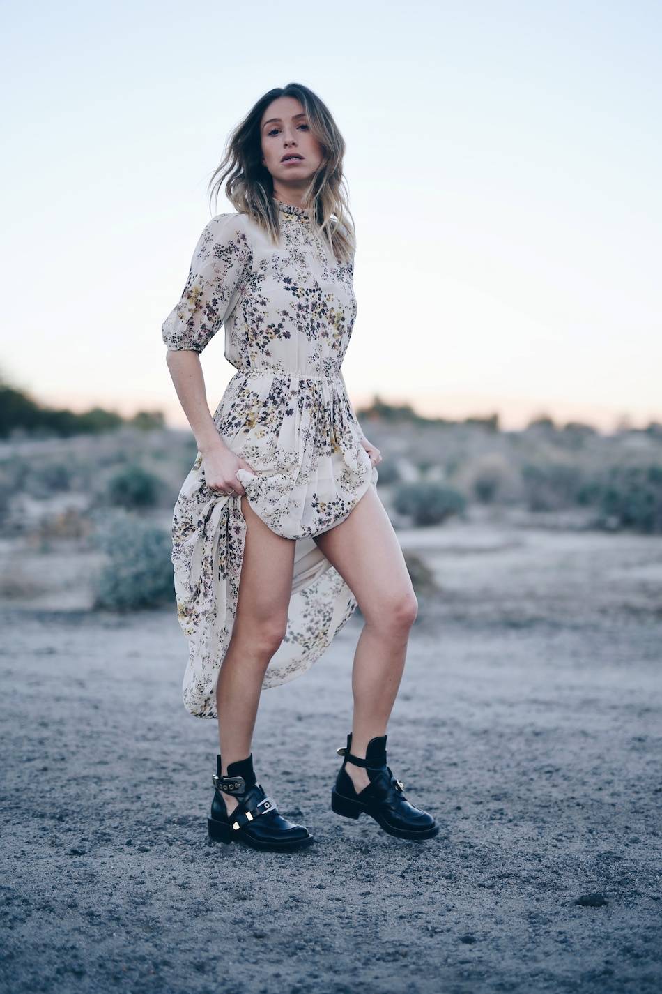 Style and beauty blogger Jill Lansky of The August Diaries in Aritzia silk boho dress, Balenciaga ceinture boots, california desert editorial