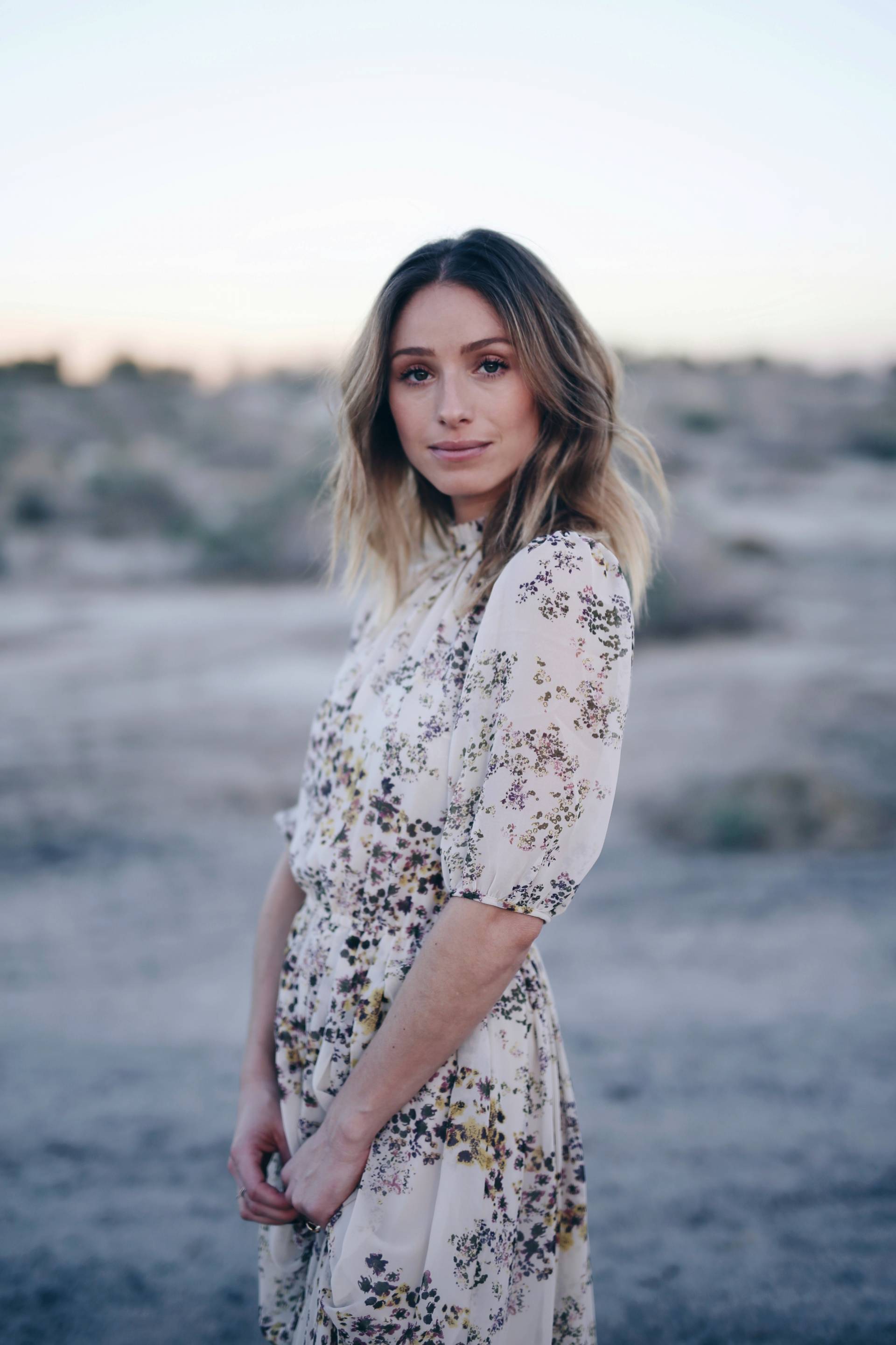 Style and beauty blogger Jill Lansky of The August Diaries in Aritzia silk boho dress, california desert editorial