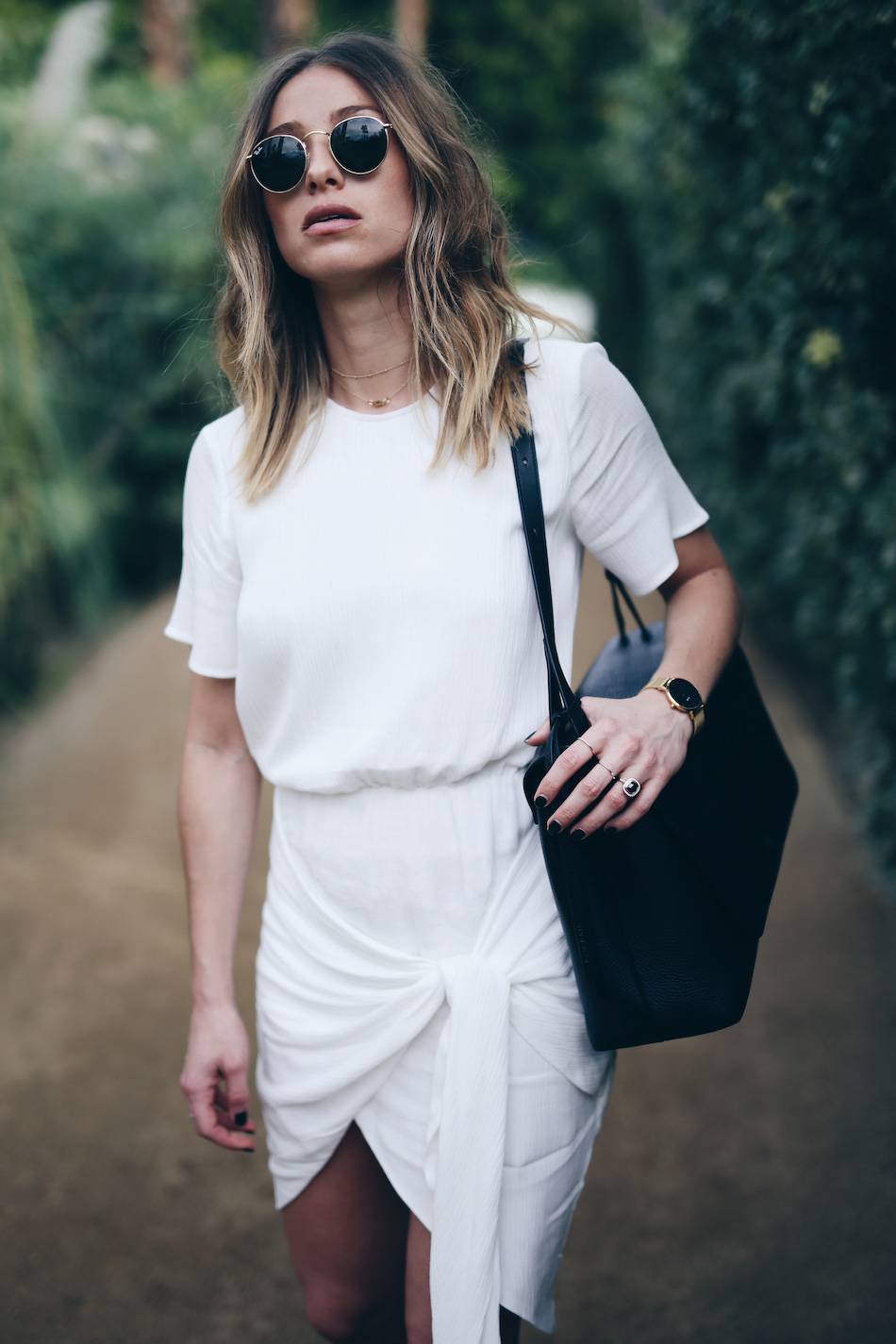 Style-and-beauty-blogger-Jill-Lansky-of-The-August-Diaries-on-self-love-in-white-wrap-Stylestalker-dress-Ray-Ban-round-sunglasses