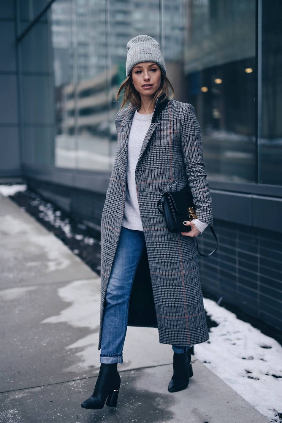 Style and beauty blogger Jill Lansky of The August Diaries on how to stay warm + stylish in the winter in Acne Pansy toque, plaid coat, Celine black box bag, 3.1 Phillip Lim boots