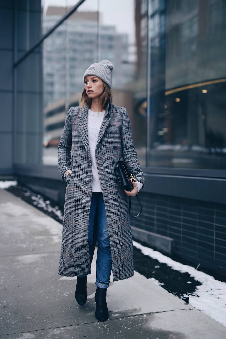 Style and beauty blogger Jill Lansky of The August Diaries warm and stylish outfit in Acne Pansy toque, plaid maxi coat, Celine black box bag, 3.1 Phillip Lim boots