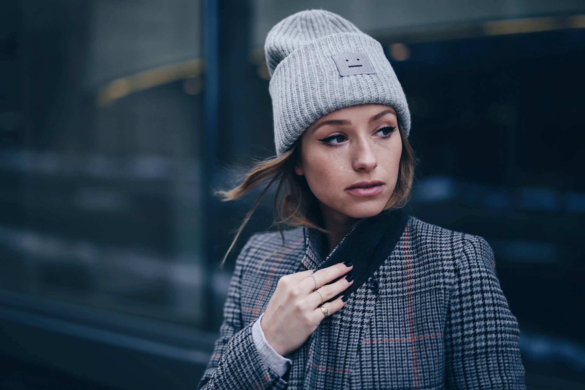 fi-Style and beauty blogger Jill Lansky of The August Diaries on how to stay warm + stylish in the winter in Acne Pansy toque, plaid maxi coat, Celine black box bag, 3.1 Phillip Lim boots