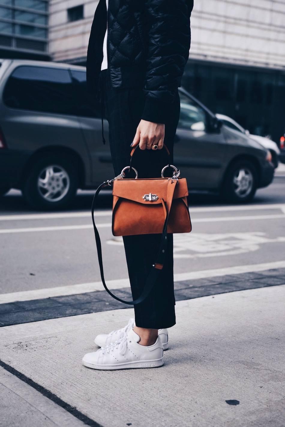 Style and beauty blogger Jill Lansky of The August Diaries in athletic trend Adidas stan smith, Proenza Schouler Hava bag