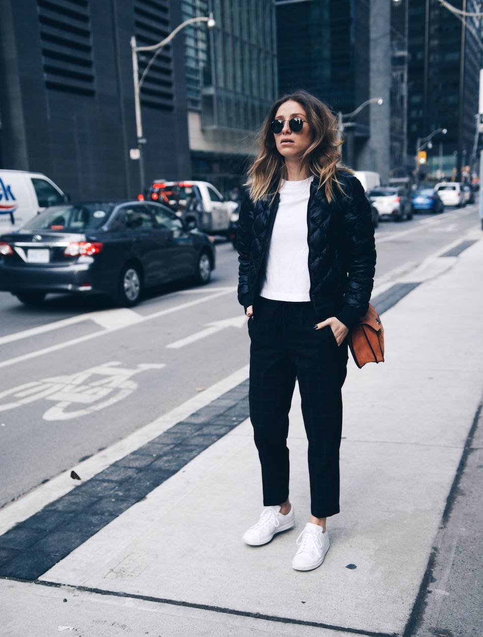 Style and beauty blogger Jill Lansky of The August Diaries in athletic trend Adidas stan smith, bomber jacket, white tee, Proenza Schouler Hava bag