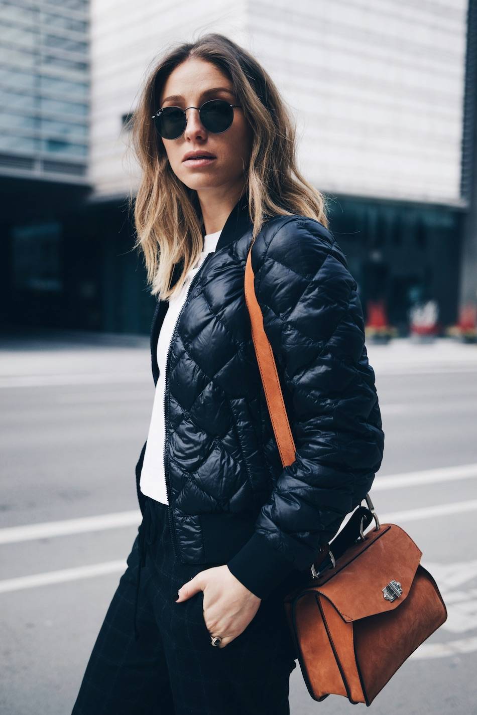 Style and beauty blogger Jill Lansky of The August Diaries on 5 ways to start your morning right in Adidas stan smith, bomber jacket, white tee, Proenza Schouler Hava bag