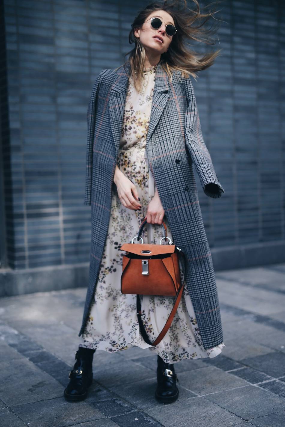 how to layer stylishly plaid maxi coat, floral dress, Balenciaga boots, Proenza Schouler hava bag