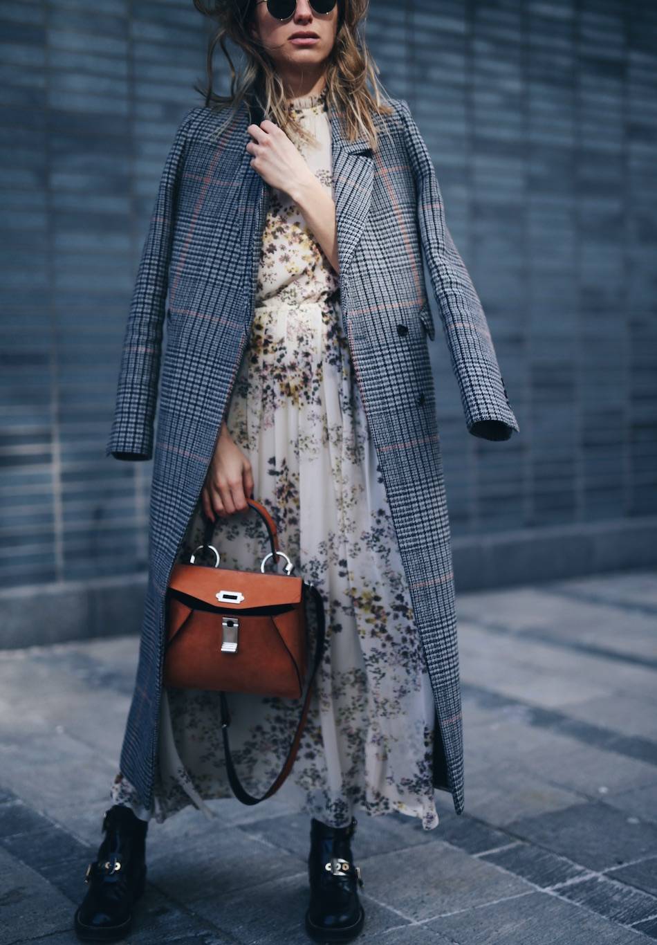 how to layer stylishly in plaid maxi coat, floral dress, Balenciaga boots, Proenza Schouler hava bag