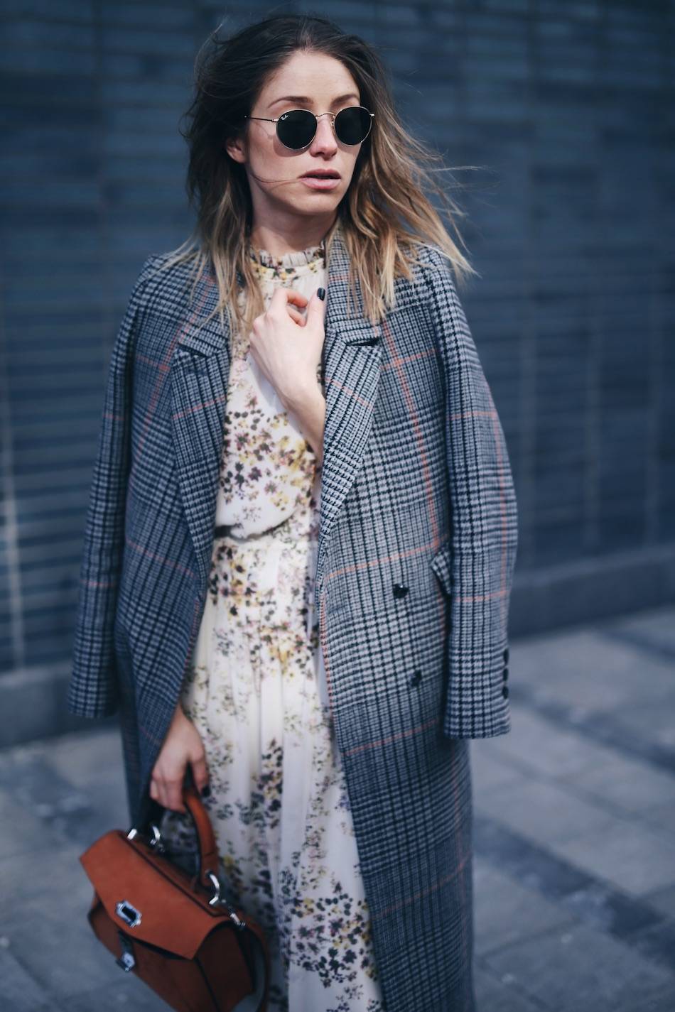 how to layer stylishly in plaid maxi coat, floral dress, Proenza Schouler hava bag
