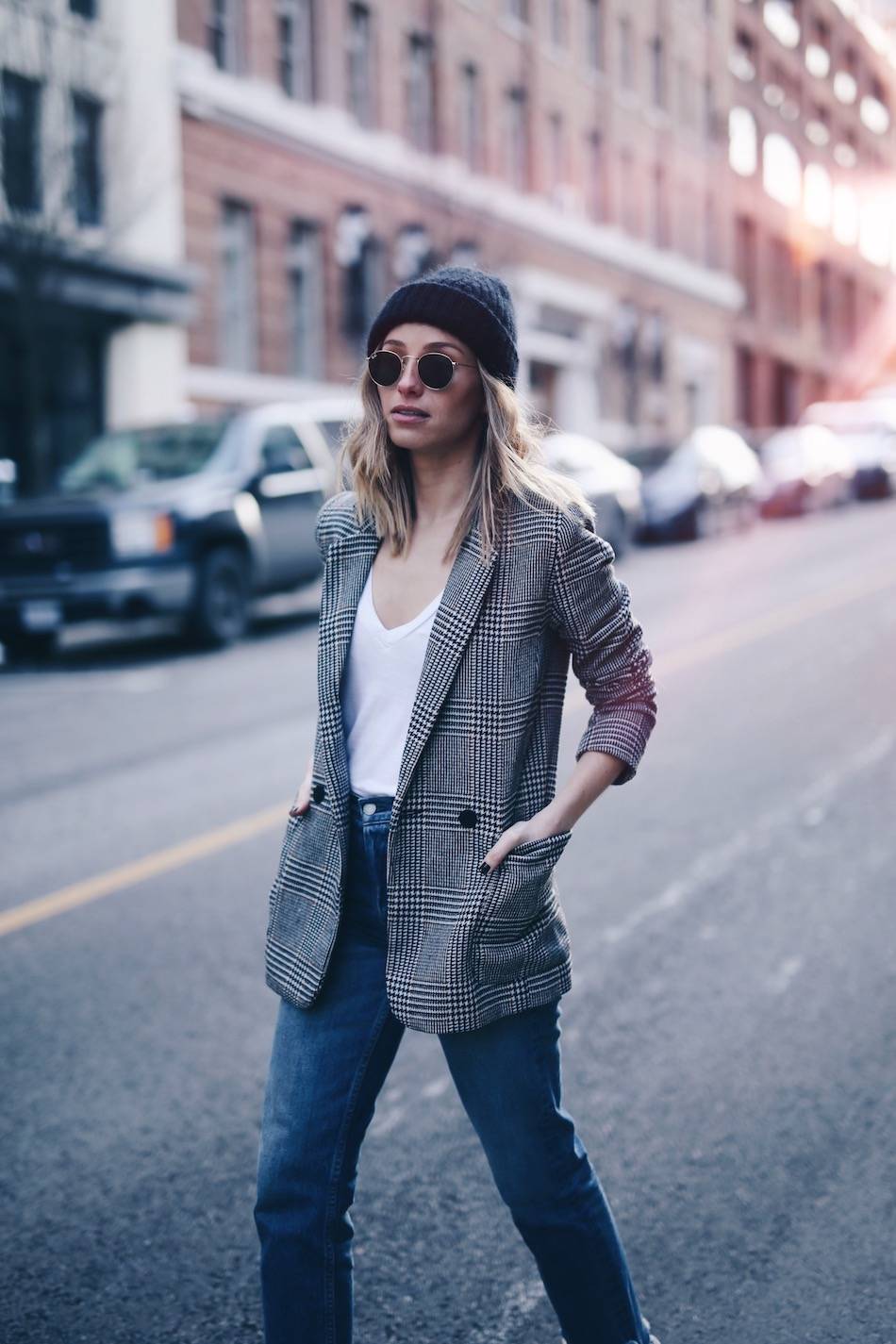 Style and beauty blogger Jill Lansky of The August Diaries on how to take care of luxury bags and shoes in acne studios beanie, boyfriend blazer
