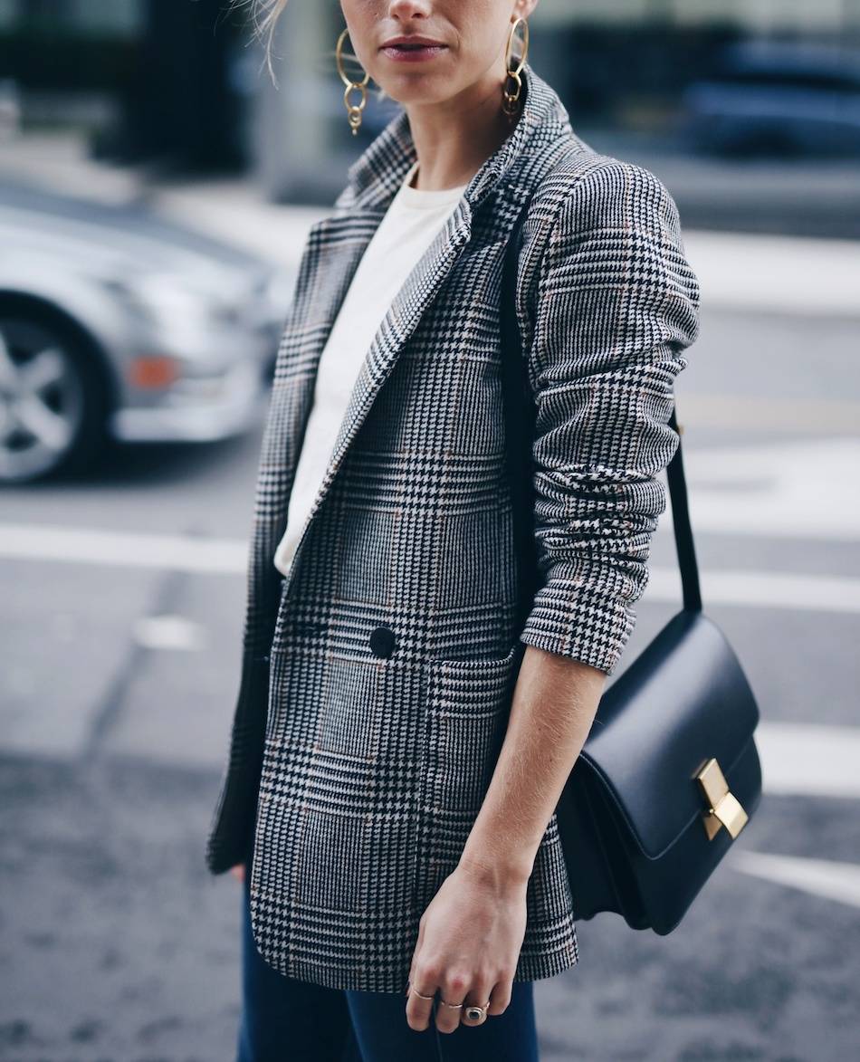 chic easy dinner outfit in plaid boyfriend blazer and Celine box bag 