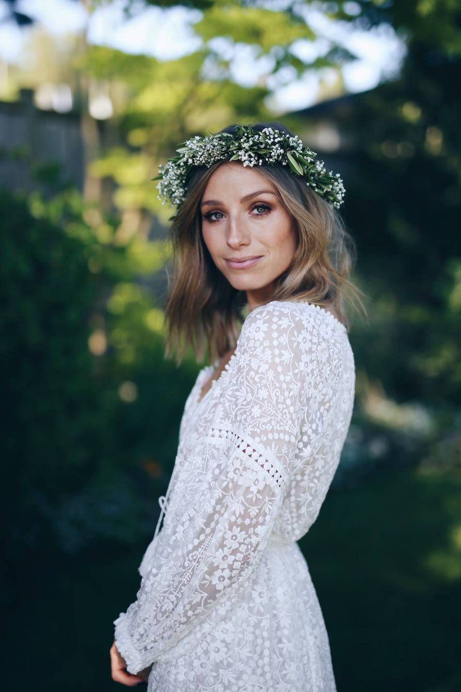engagement party white lace dress zimmermann, green white flower crown