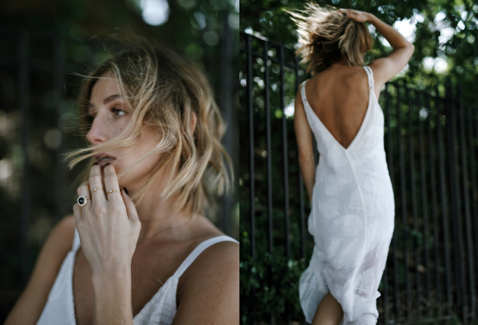 Style and beauty blogger Jill Lansky of The August Diaries on how to save money on a wedding in a second hand Aritzia dress and gold jewelry