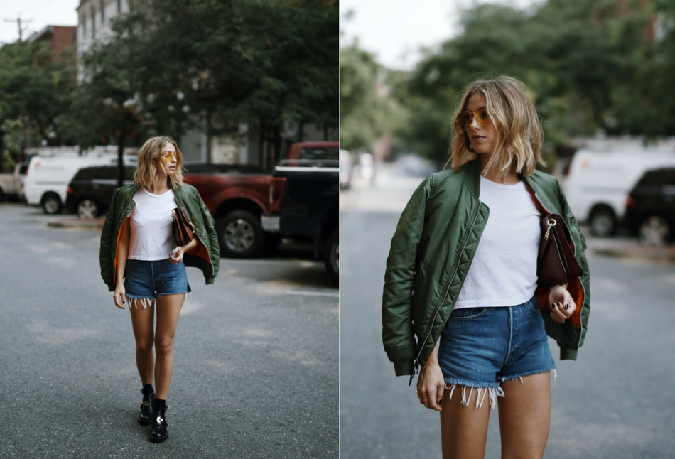 Style and beauty blogger Jill Lansky of The August Diaries on how to mix comfort and style in Alpha Industries bomber jacket, Balenciaga boots, denim shorts