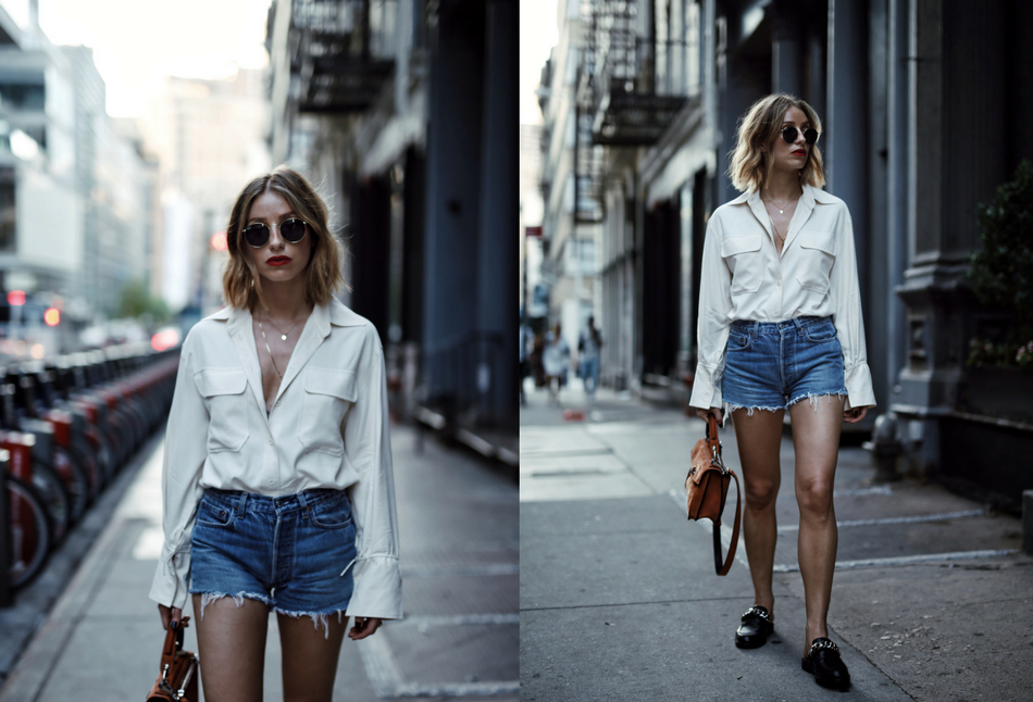 Style and beauty blogger Jill Lansky of the August Diaries on how to dress outside your comfort zone in Aritzia blouse, levi's shorts, proenza schouler hava bag, givenchy chain slides