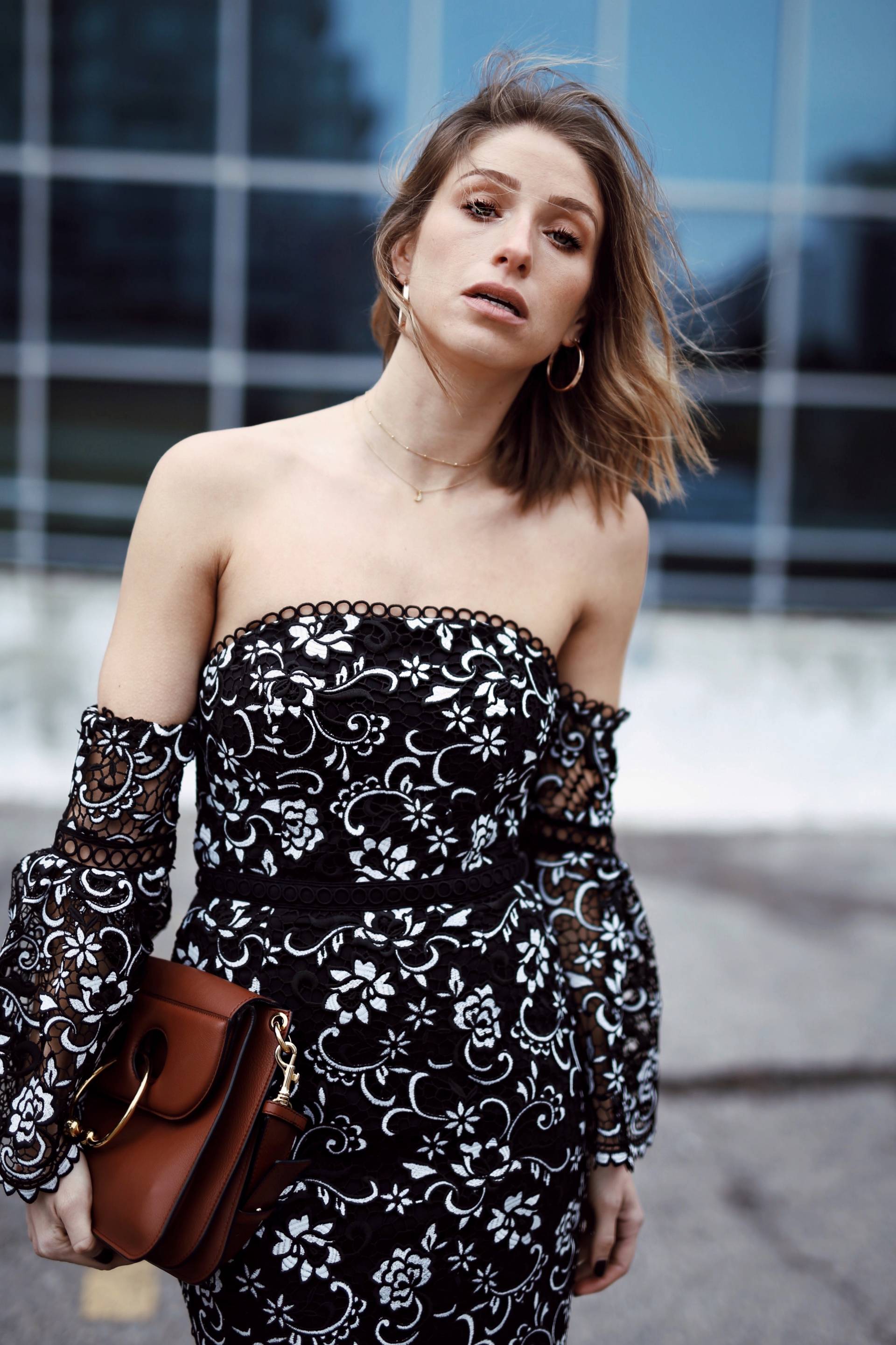Style and beauty blogger Jill Lansky of the August Diaries on 5 ways to toughen up a dress in off the shoulder dress, hoop earrings