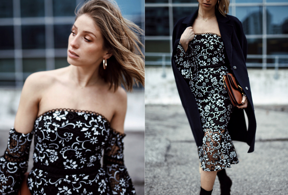 Style and beauty blogger Jill Lansky of the August Diaries on 5 ways to toughen up a dress in off the shoulder dress, black clinger boots 